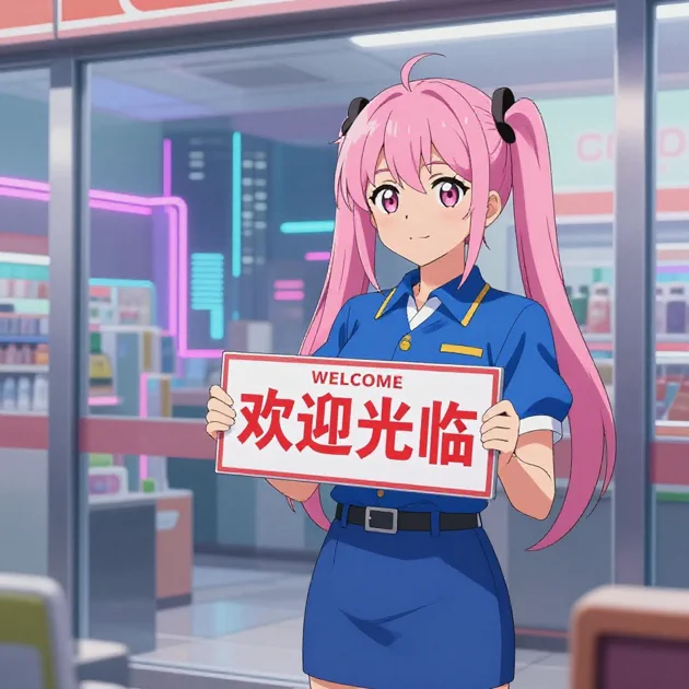 Anime clerk with bilingual sign
