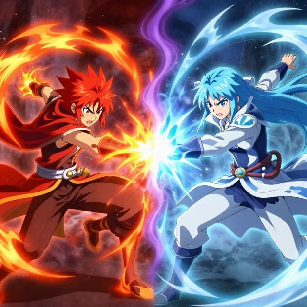 Fire and ice mages in split-screen composition