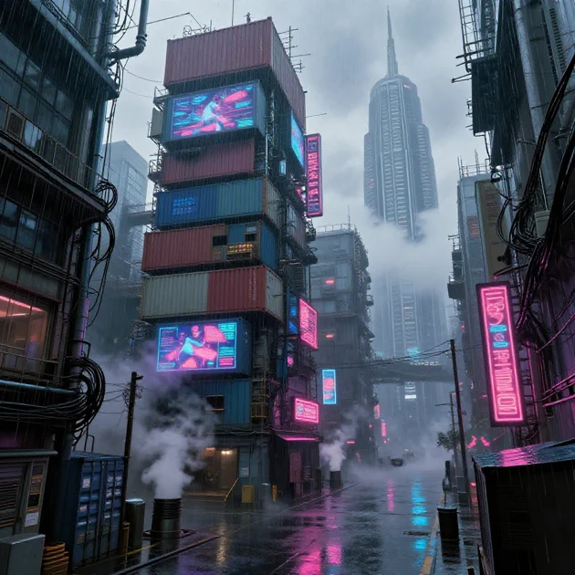 Vertical cyberpunk city made of containers