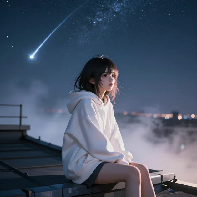 Girl on rooftop during meteor shower